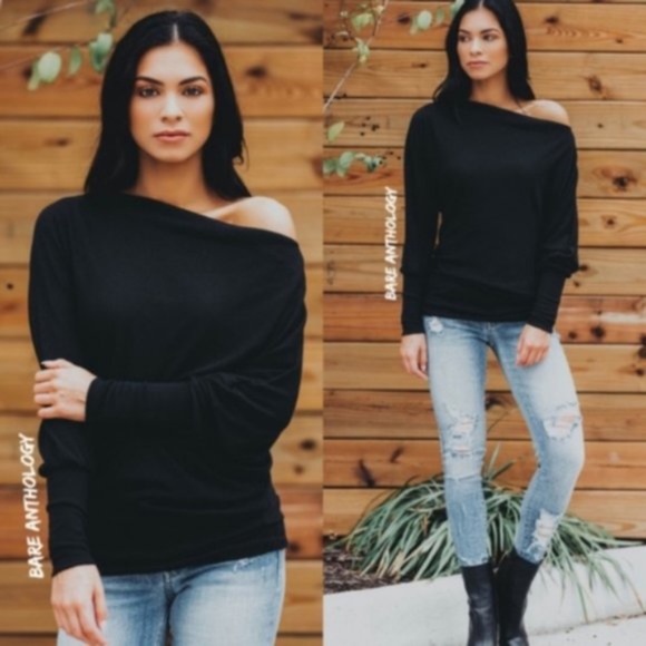 Bellanblue Tops - black off shoulder loose fit dolman tunic top